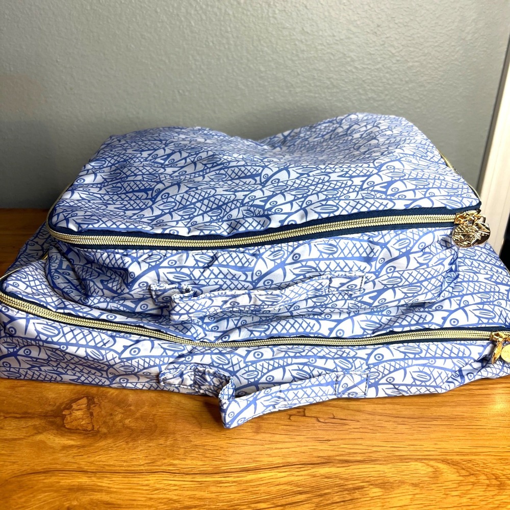 Dabney Lee Packing Cube Set of 2 Blue White Fish Print Travel Organizer NEW